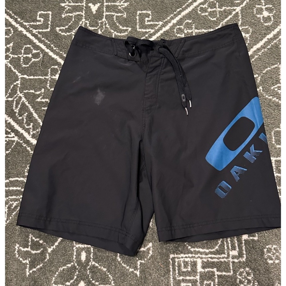 Oakley Mens Black Board Shorts Size 33 Blue Logo Graphic Front Tie Athletic